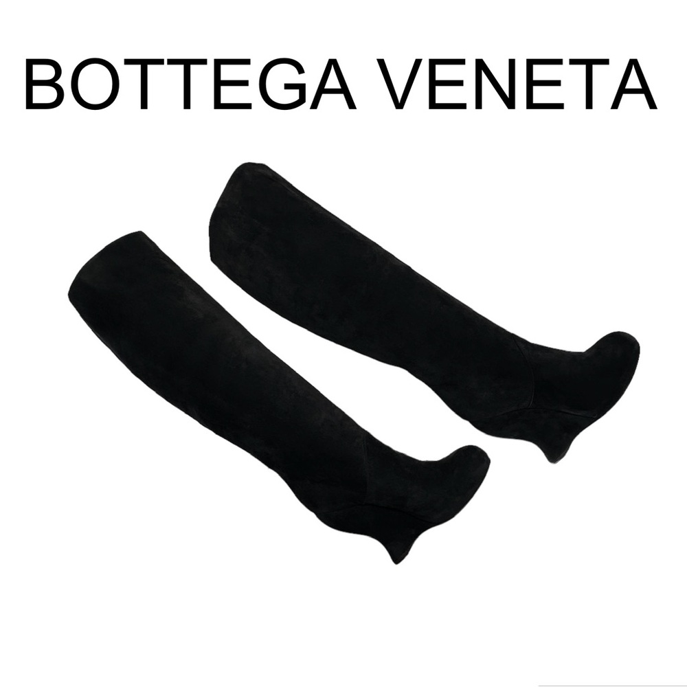 BOTTEGA VENETA | Black Suede Platform Wedge Knee High Boots